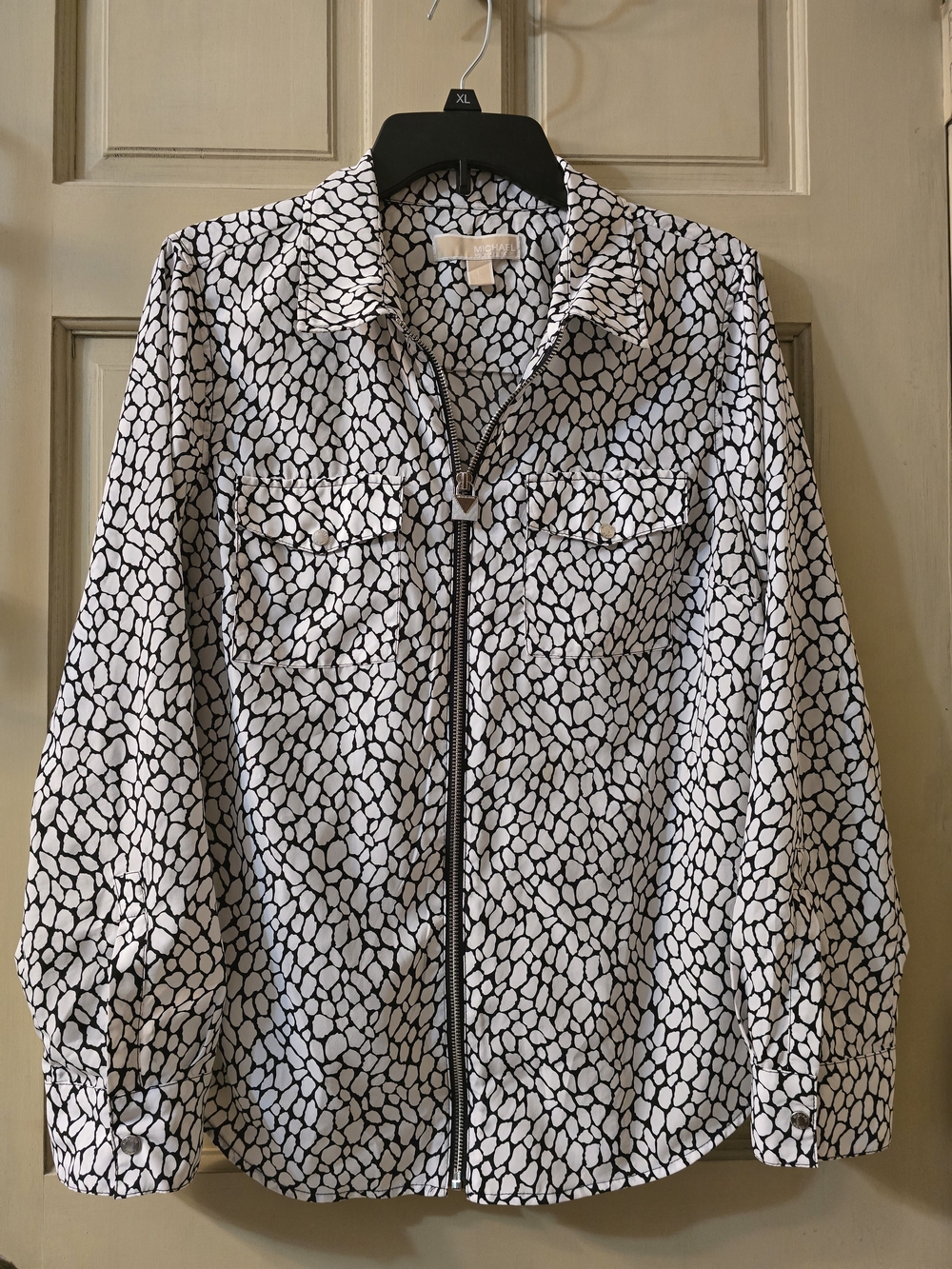 Michael Kors Black and White Printed Zip-Front Shirt